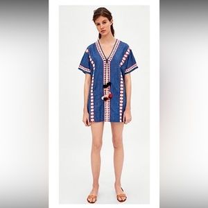 Zara Blue Embroidered V-Neck Mini Dress with Red & White Trim